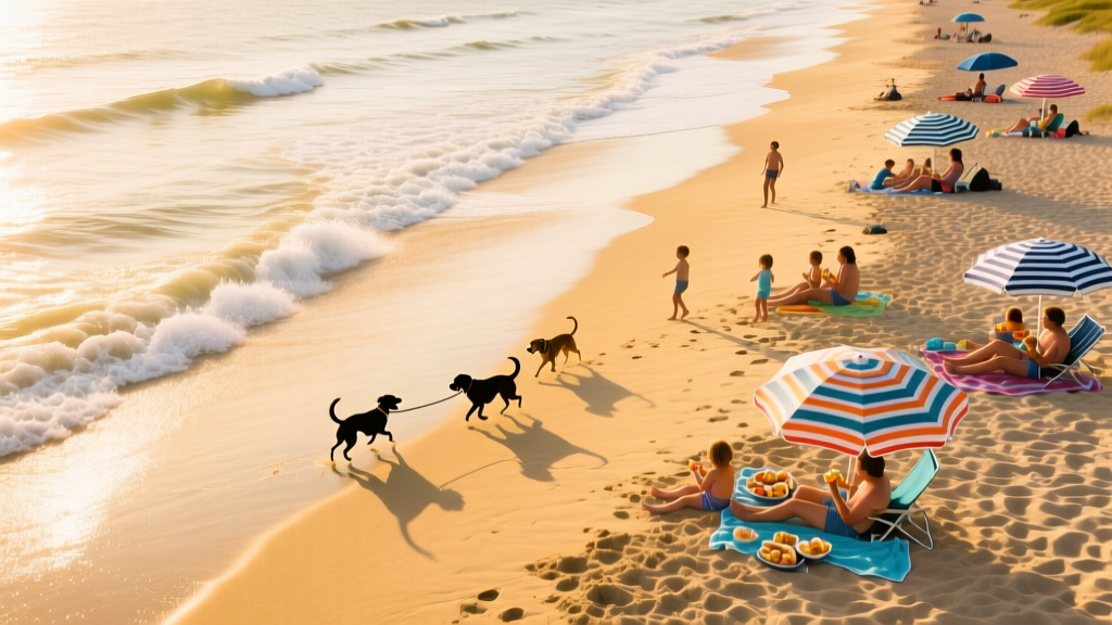 Aerial view of a sandy Rhode Island beach with gentle waves, a few leashed dogs playing near the waterline, and families relaxing under striped umbrellas
