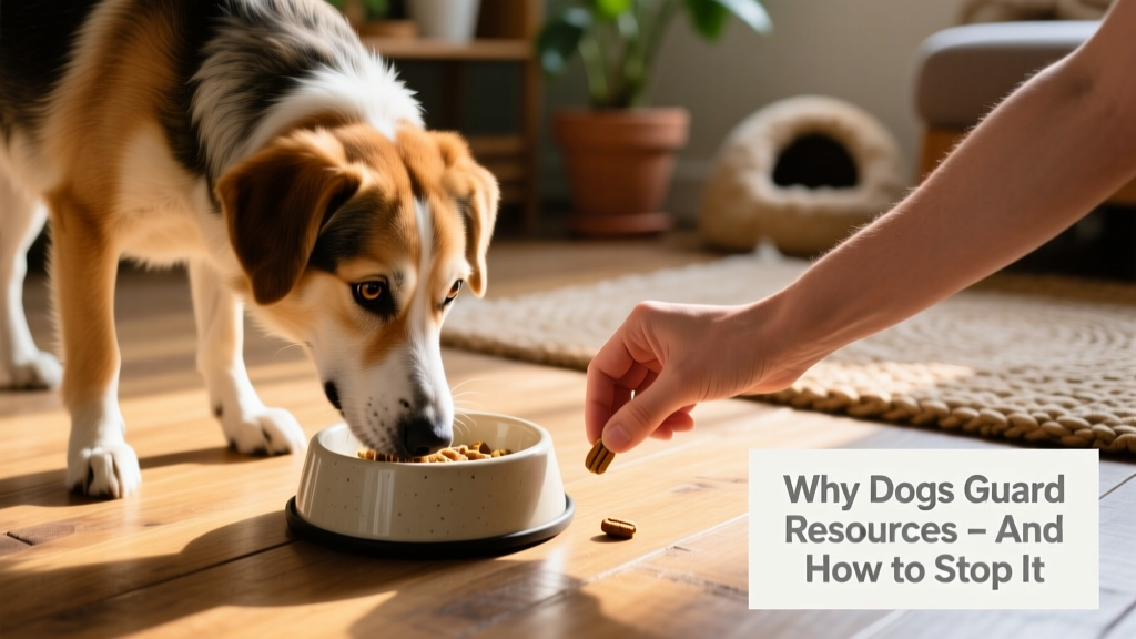 Dog calmly eating from a food bowl while a hand gently places a treat nearby