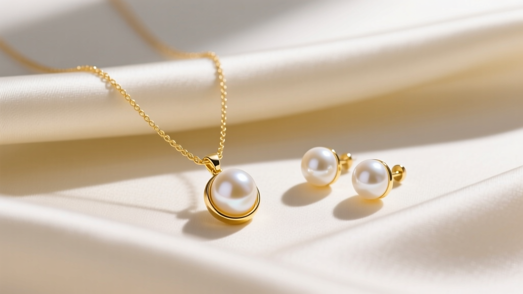 Flat lay of a 14k yellow gold and white Akoya pearl jewelry set featuring a pendant necklace and stud earrings on cream silk.