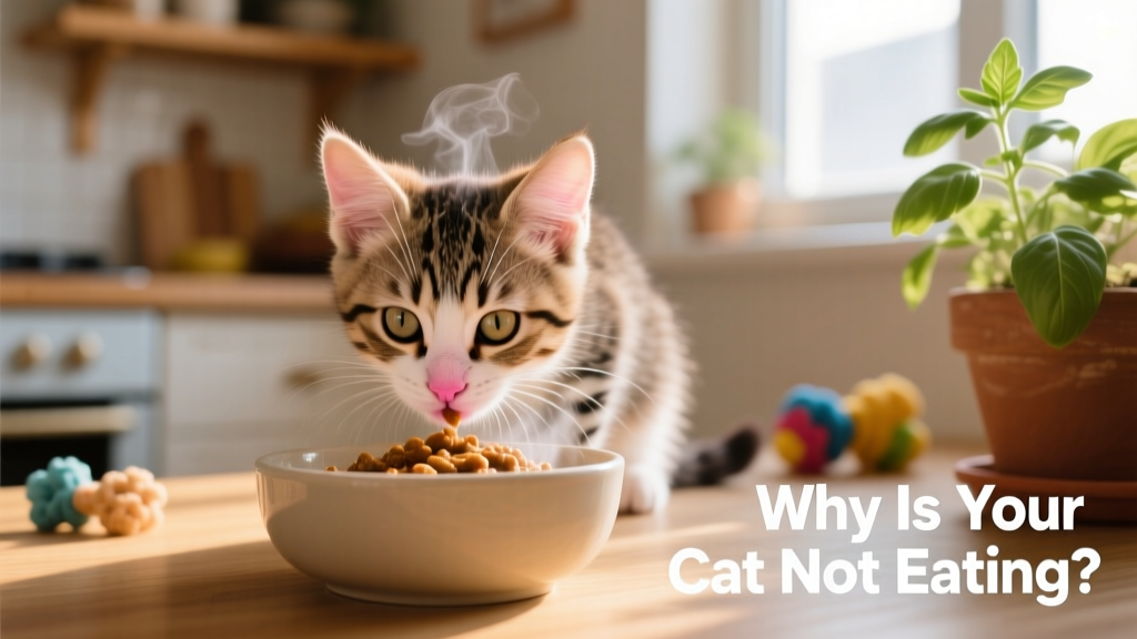 Kitten gently sniffing a bowl of wet food, with clear eyes and clean nose