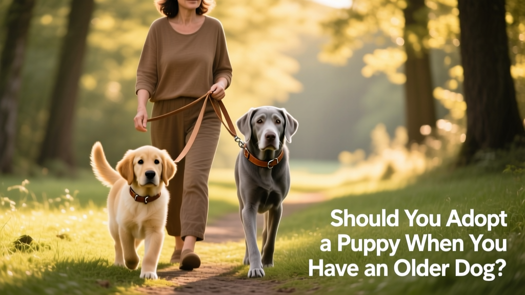 Two dogs walking side-by-side on a grassy path, leashed and calm, with owner guiding gently