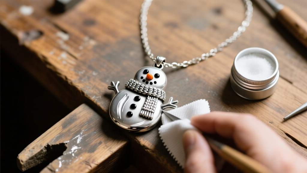 Top view of a tarnished snowman necklace cleaned with a microfiber cloth and silver polish on a wooden jeweler workbench surface.