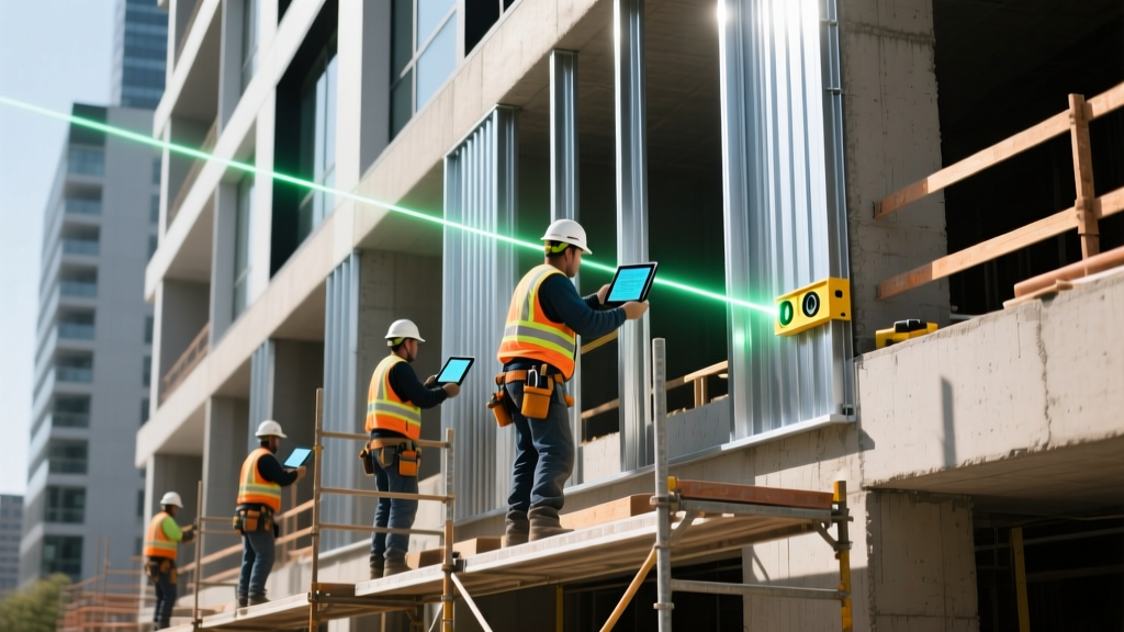Construction workers installing cold-formed galvanized steel studs on a commercial mid-rise building site with BIM tablets and laser levels