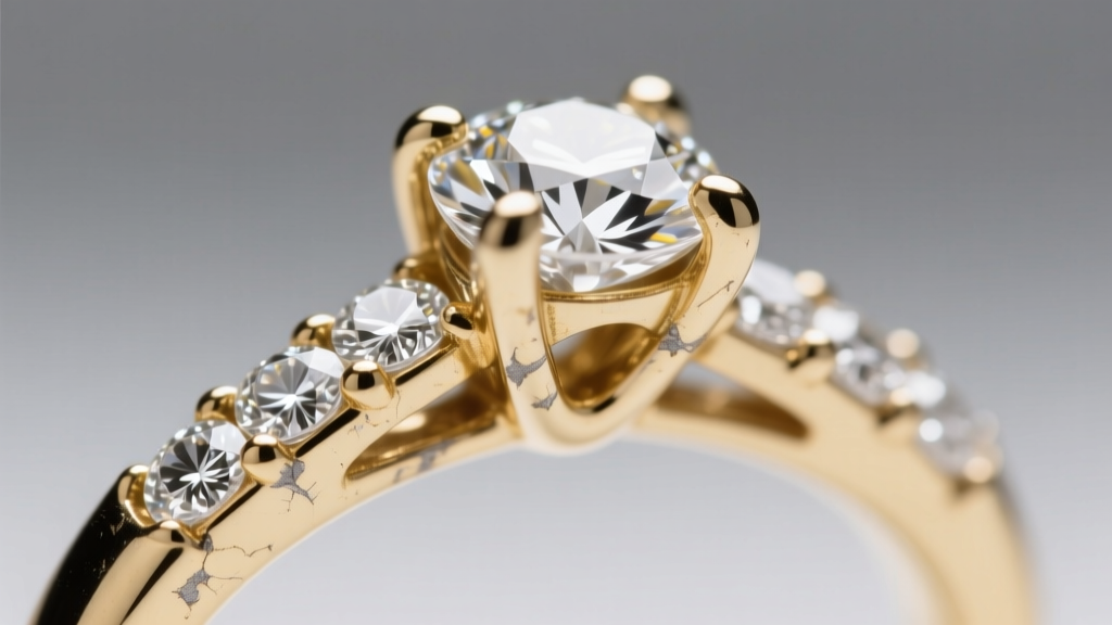 Macro microscope view showing worn white gold prongs on a micro-pave diamond band needing re-tipping and rhodium replating