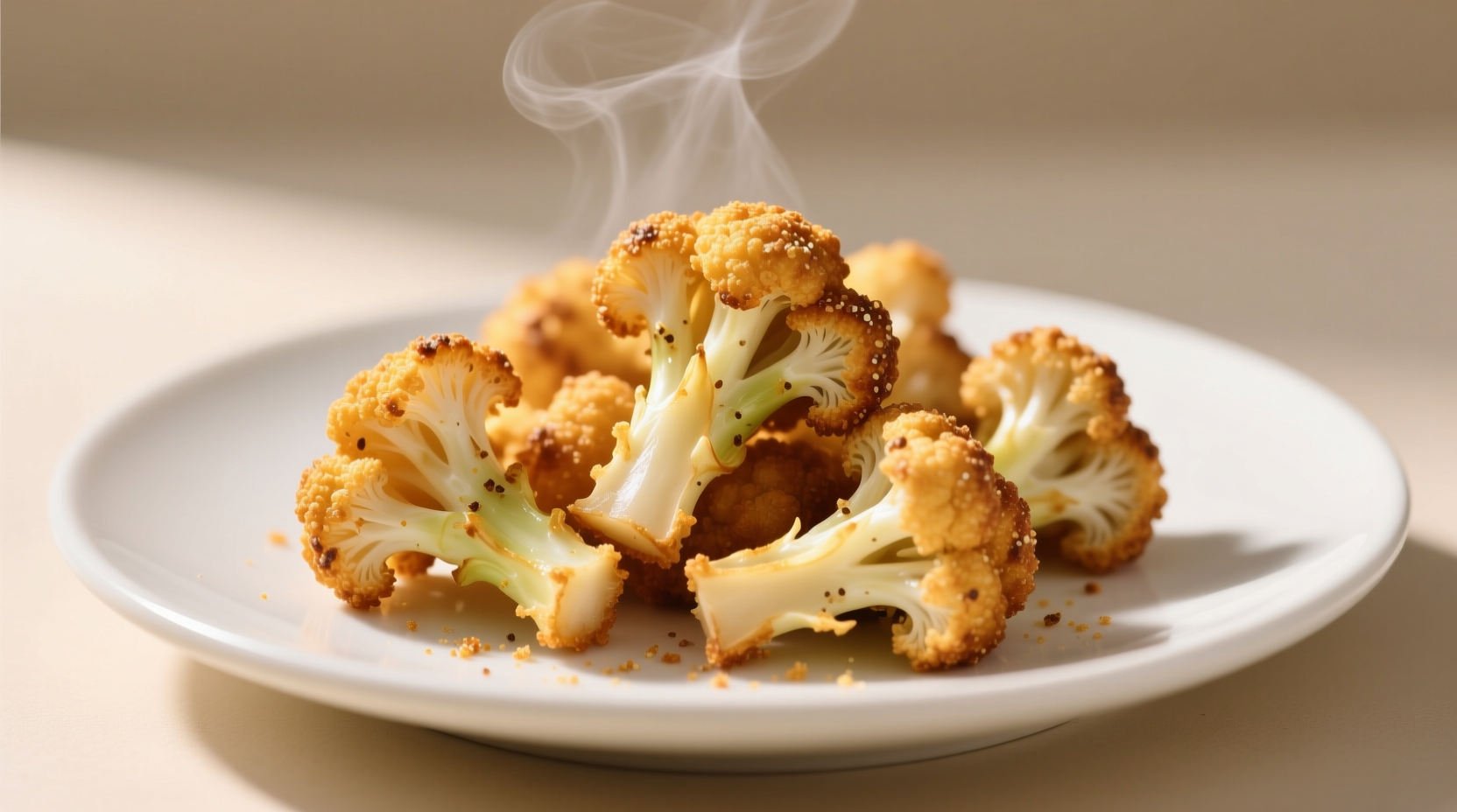 Golden crispy air fryer cauliflower florets on white plate