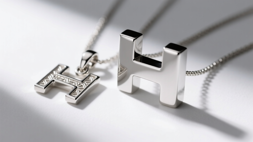 Side view of thin stamped silver H pendant beside thick platinum H pendant, highlighting metal gauge and edge thickness clearly.