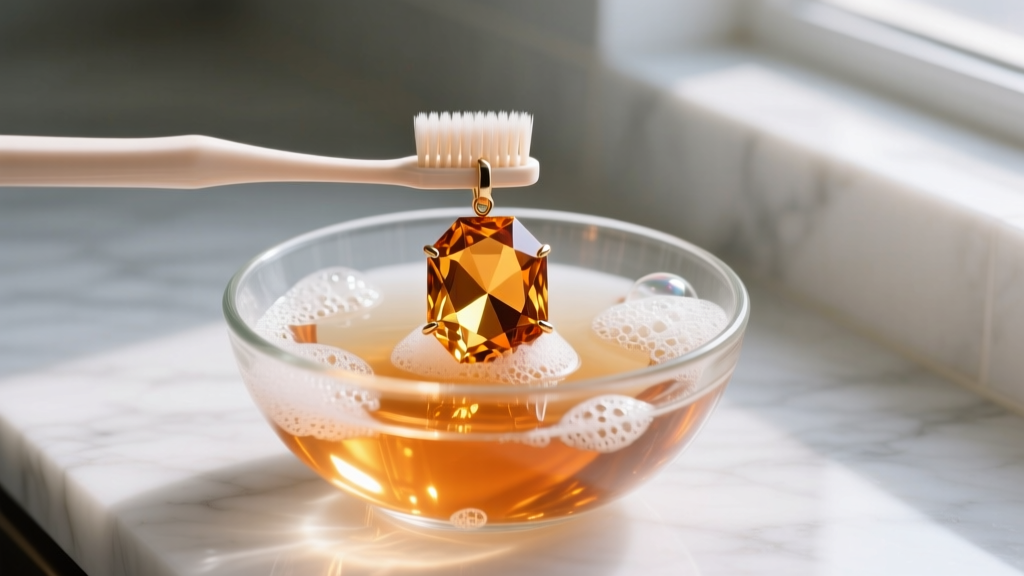Soft toothbrush gently scrubbing a faceted citrine pendant submerged in a glass bowl of soapy water on a white marble countertop.