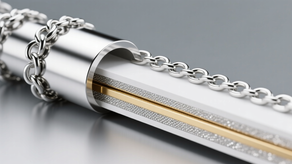 Cross-section diagram illustration showing the layers of rhodium and white gold plating over a 925 sterling silver chain core