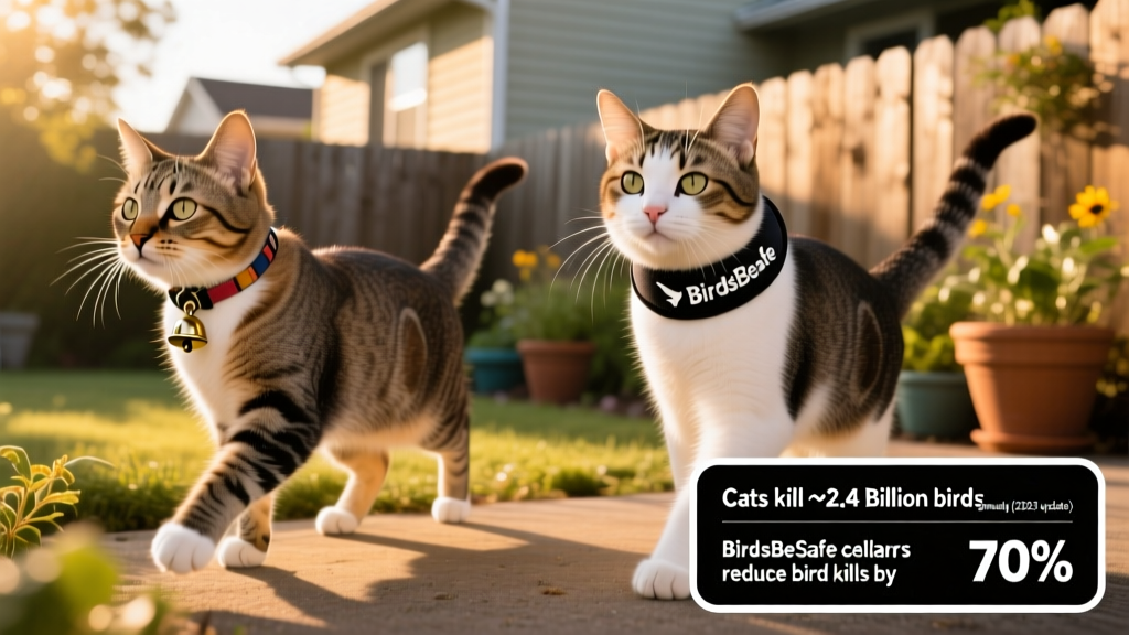 Side-by-side comparison showing a bell collar and a BirdsBeSafe collar on two cats