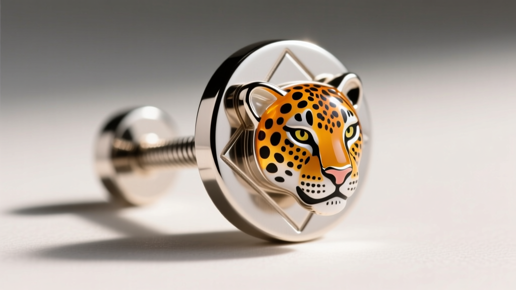 Close-up of a 20-gauge titanium flat-back post with a cheetah-head acrylic charm, clearly showing the threading and backing disc.