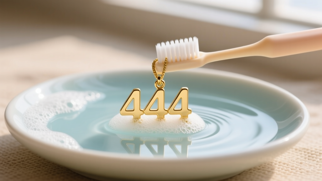 Soft baby toothbrush gently scrubbing the cutout numerals of a gold vermeil 444 pendant submerged in mild soapy water.