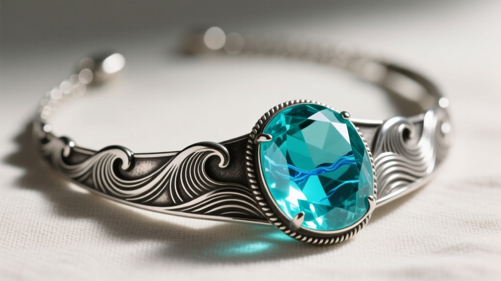 Raw aquamarine atlantean crystal necklace in oxidized silver, featuring intricate ocean wave motifs on a textured bezel.