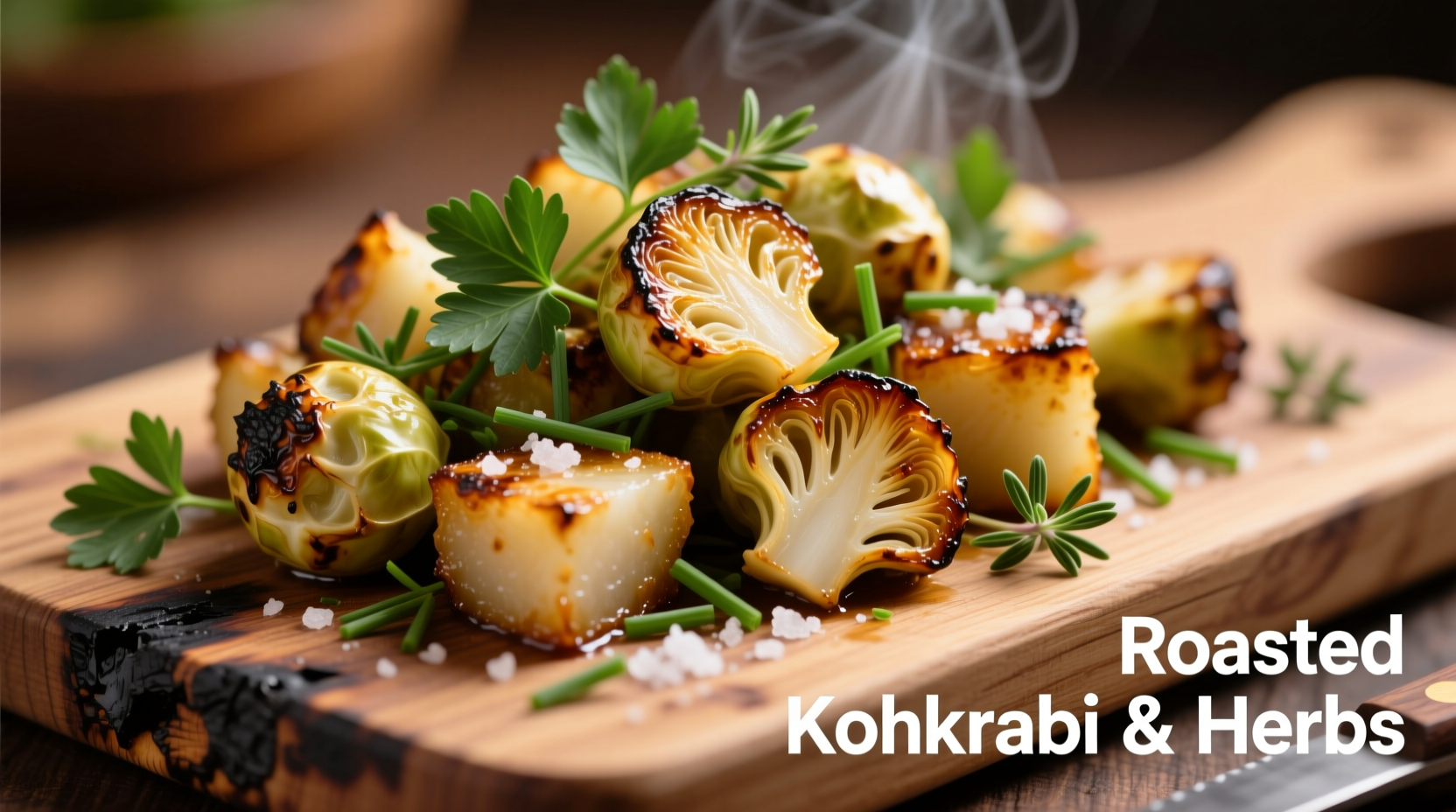Freshly roasted kohlrabi cubes with herbs