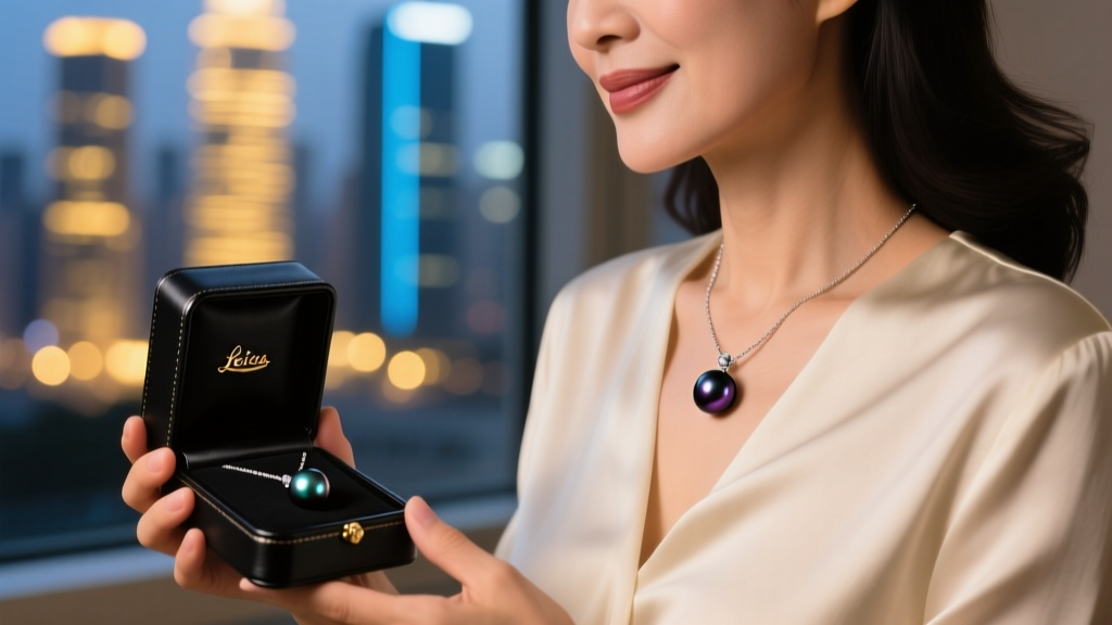 Woman receiving a luxury Tahitian black pearl pendant necklace in a sleek leather box, with soft bokeh city lights in the background