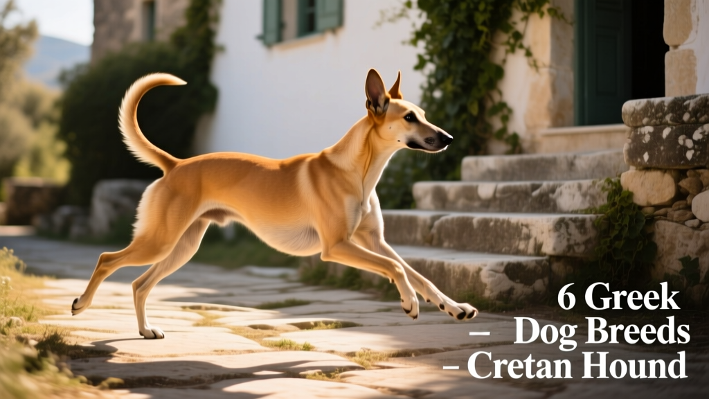 A sleek, tan Cretan Hound mid-stride on a sunlit stone path, ears forward and tail raised