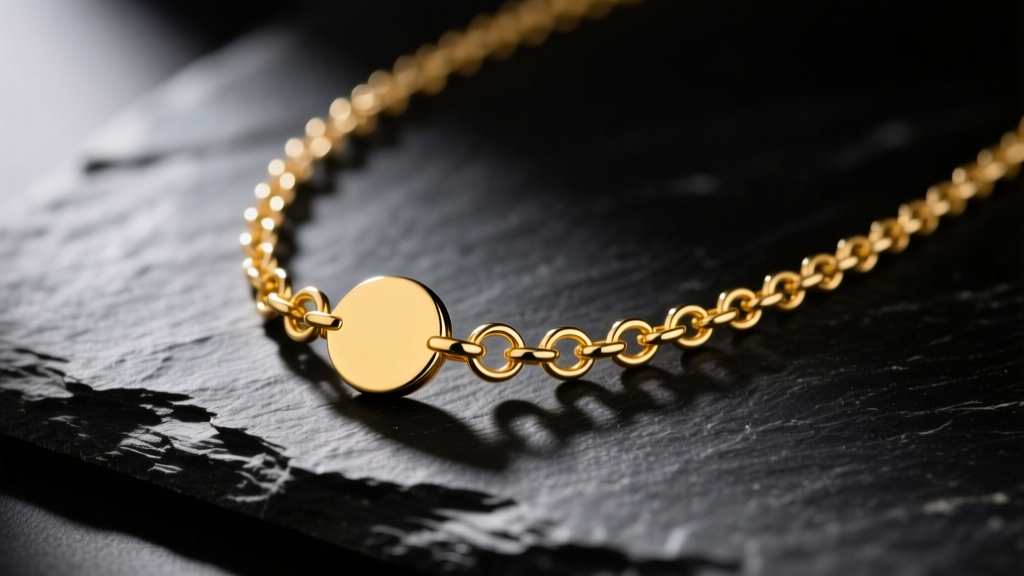 Close-up of a 14k solid yellow gold custom charm necklace resting on dark slate, highlighting the intricate soldered jump rings.