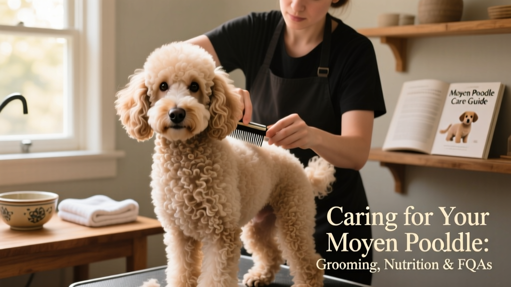 A Moyen Poodle mid-grooming session, showing its soft, tightly curled coat and calm demeanor