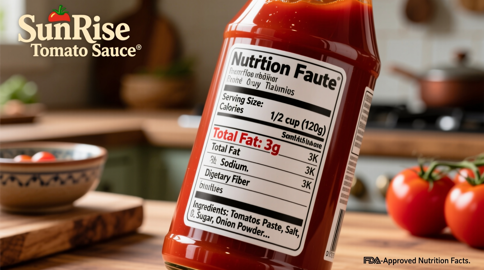 Close-up of tomato sauce nutrition label highlighting key elements