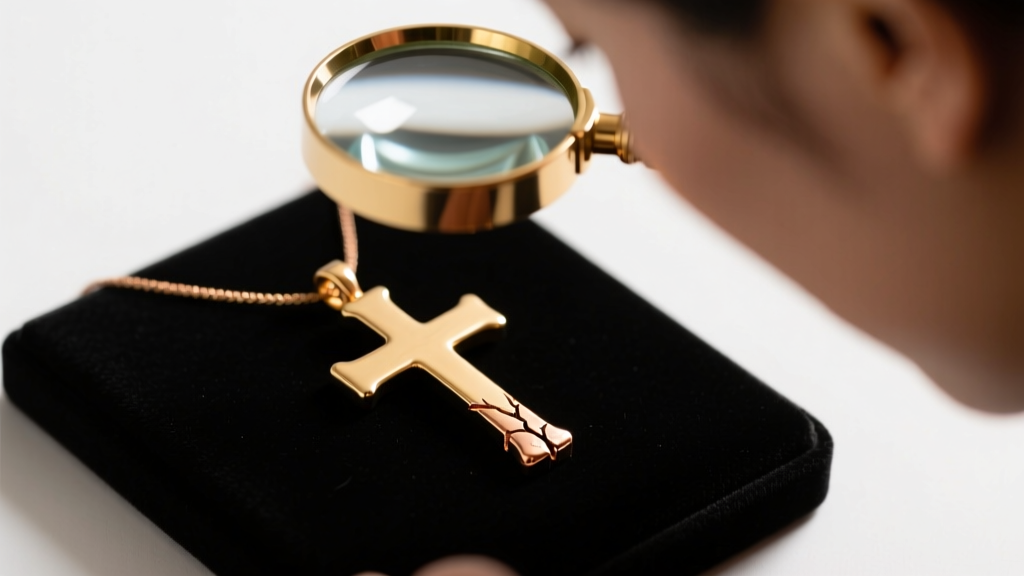 Jeweler examining a freshly cast 14k gold cross pendant with a loupe, showing raw sprue marks and warm copper-alloyed tones.