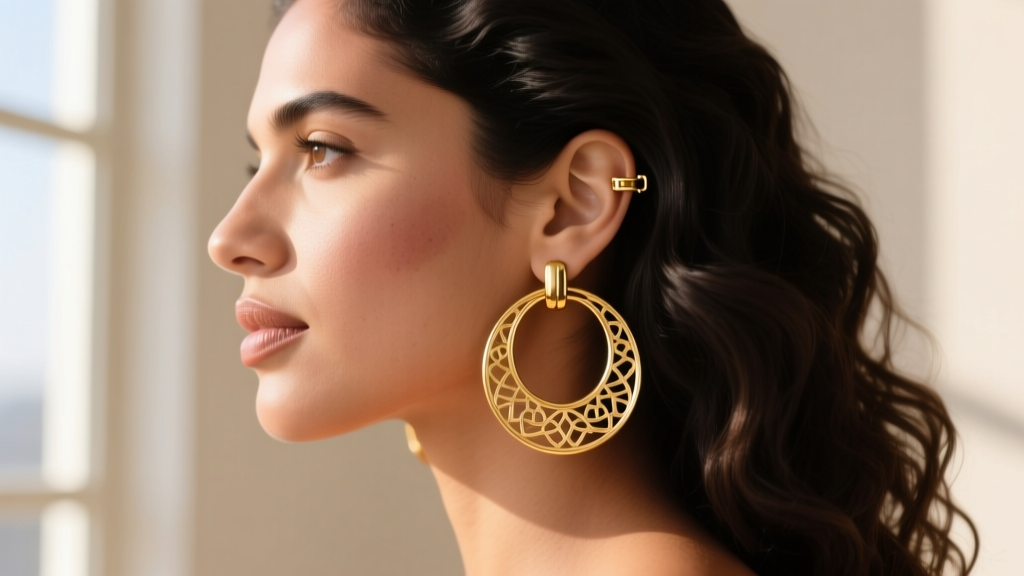 Side profile of a woman wearing large gold Latina hoop earrings, focusing on the secure hinged clasp and clear lobe patch.