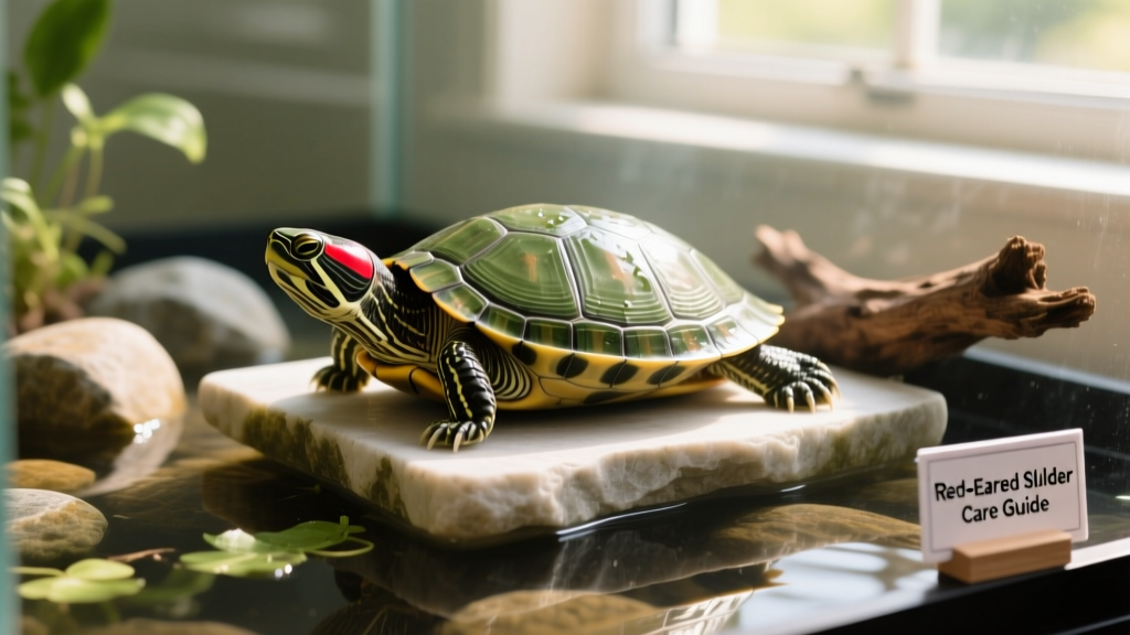 Close-up of a red-eared slider turtle drying off on a clean, elevated basking platform