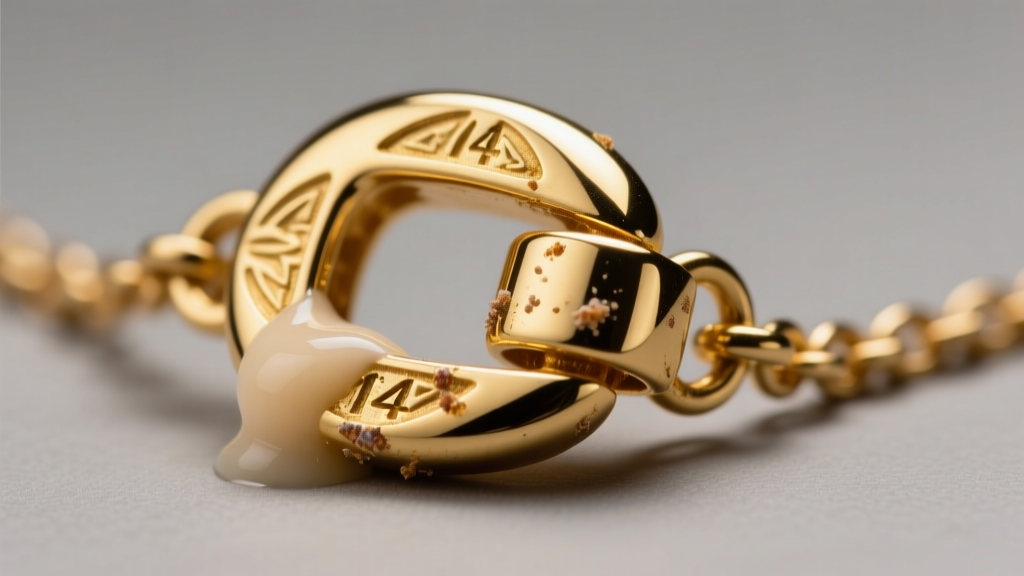 Macro shot of a 14k gold necklace clasp showing microscopic lotion buildup and slight metal wear under bright laboratory lighting.