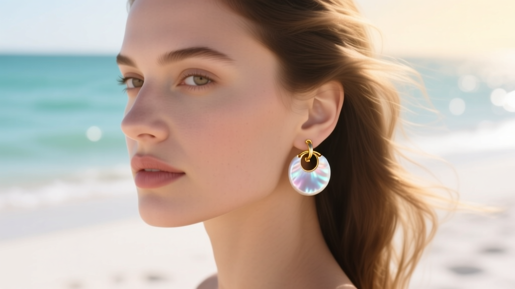 Model wearing 20mm mother-of-pearl shell hoop earrings with gold-filled hardware against a sunlit, soft-focus beach background.