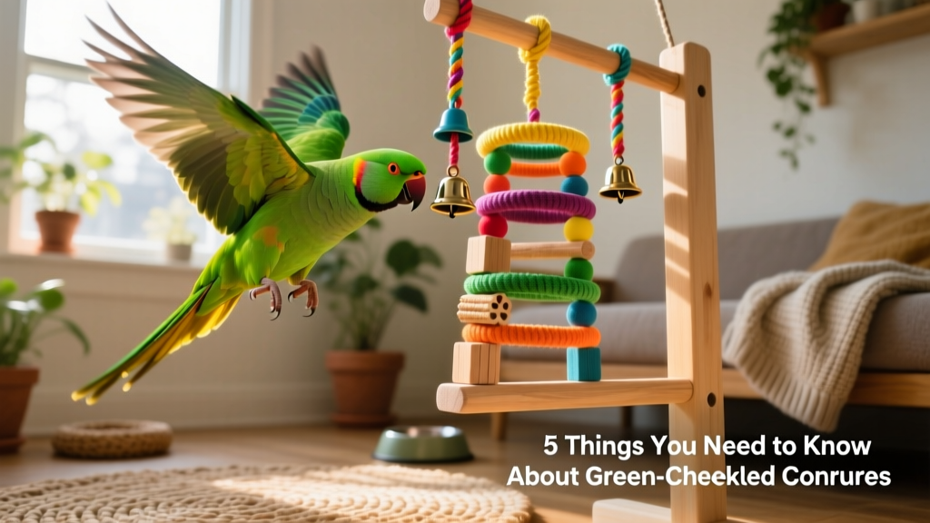 A green-cheeked conure mid-air, flipping playfully near a colorful toy gym