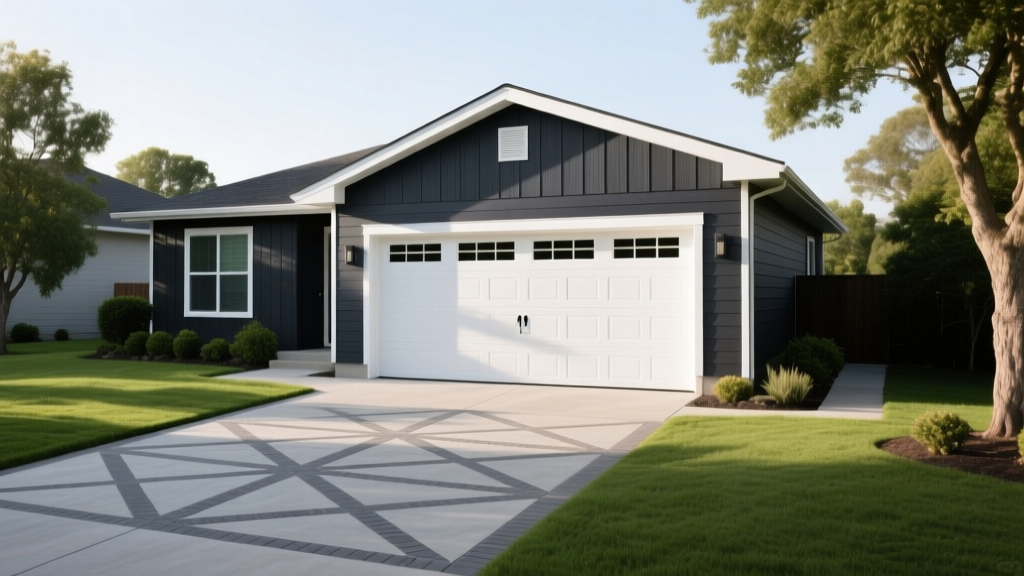 New two-car detached garage with charcoal vinyl siding, white carriage doors, and stamped concrete driveway in a suburban yard.