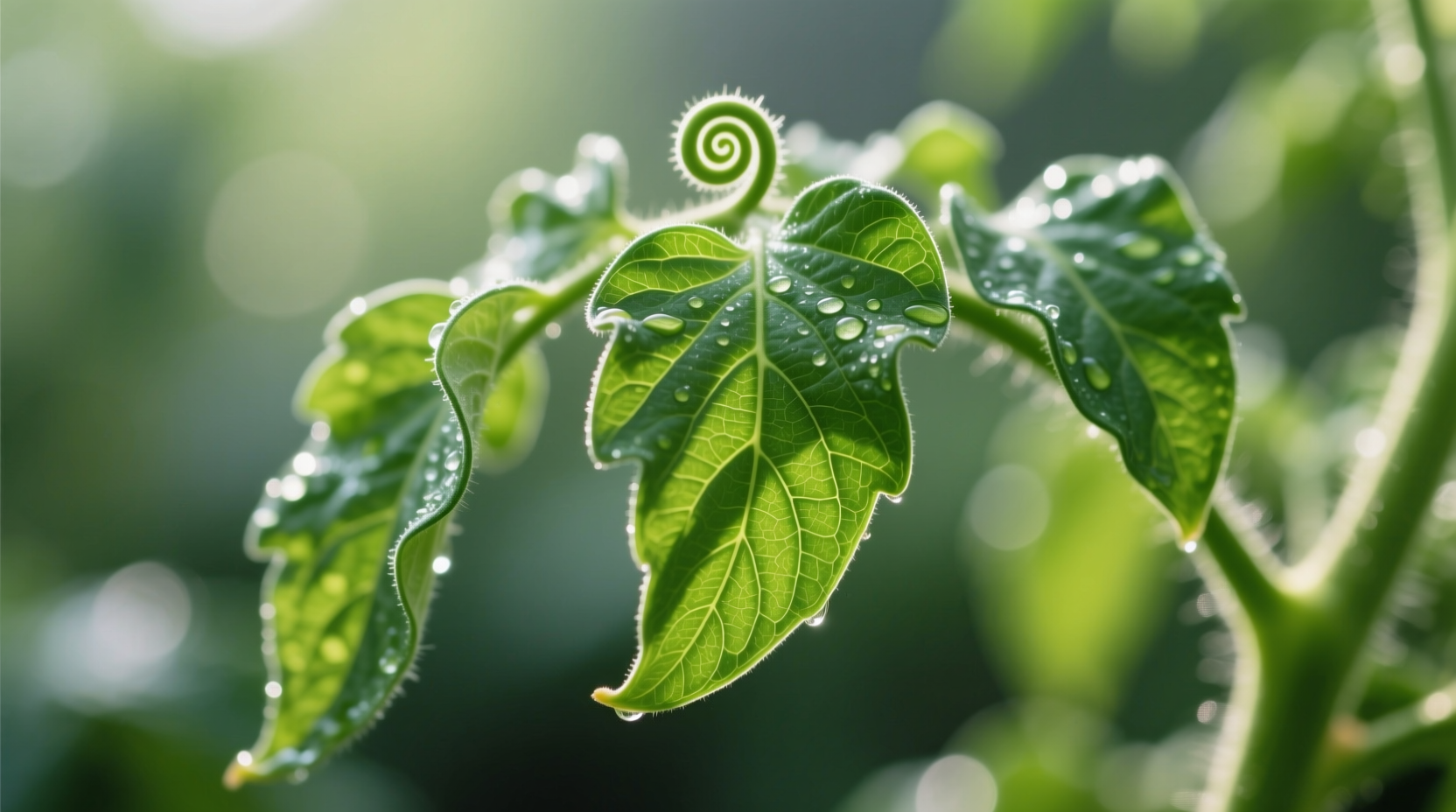 Close-up of healthy tomato leaves showing natural upward curl