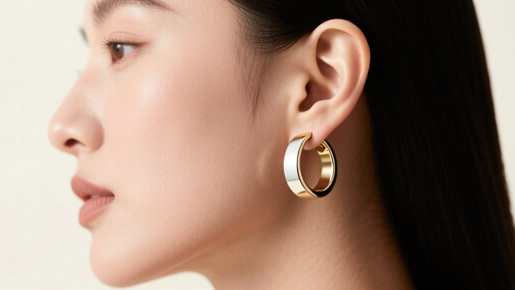 Side profile of model wearing textured 18g one inch earring hoop in white gold highlighting lobe drape and ergonomic fit
