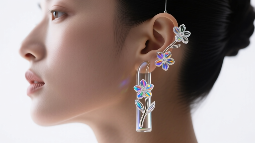 Close-up of 0g stretched earlobes wearing ornate borosilicate glass tunnels with floral designs under soft studio lighting