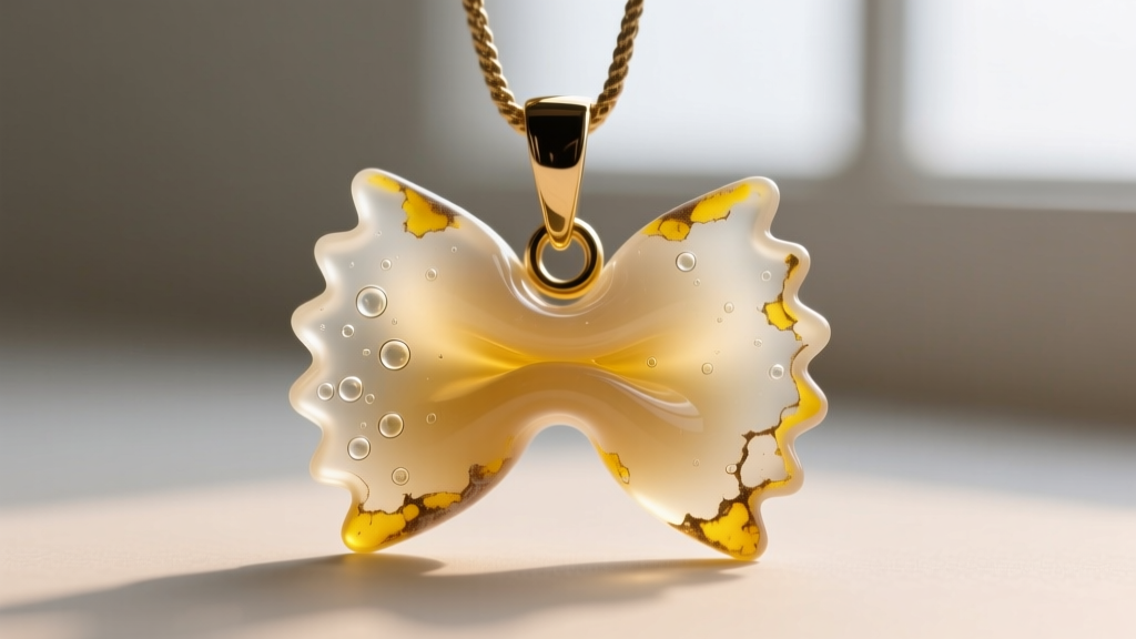 Side-profile macro photo showing a flawed resin casting with trapped air bubbles and slight UV yellowing on a pasta pendant.