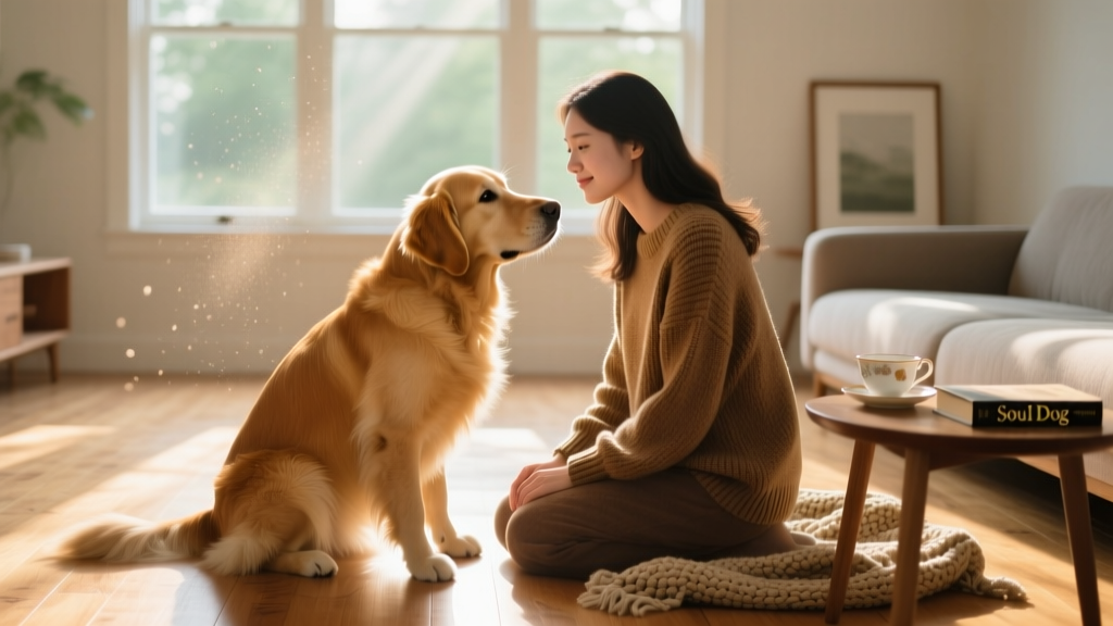 A person kneeling beside a calm, attentive dog in a sunlit living room, both making gentle eye contact