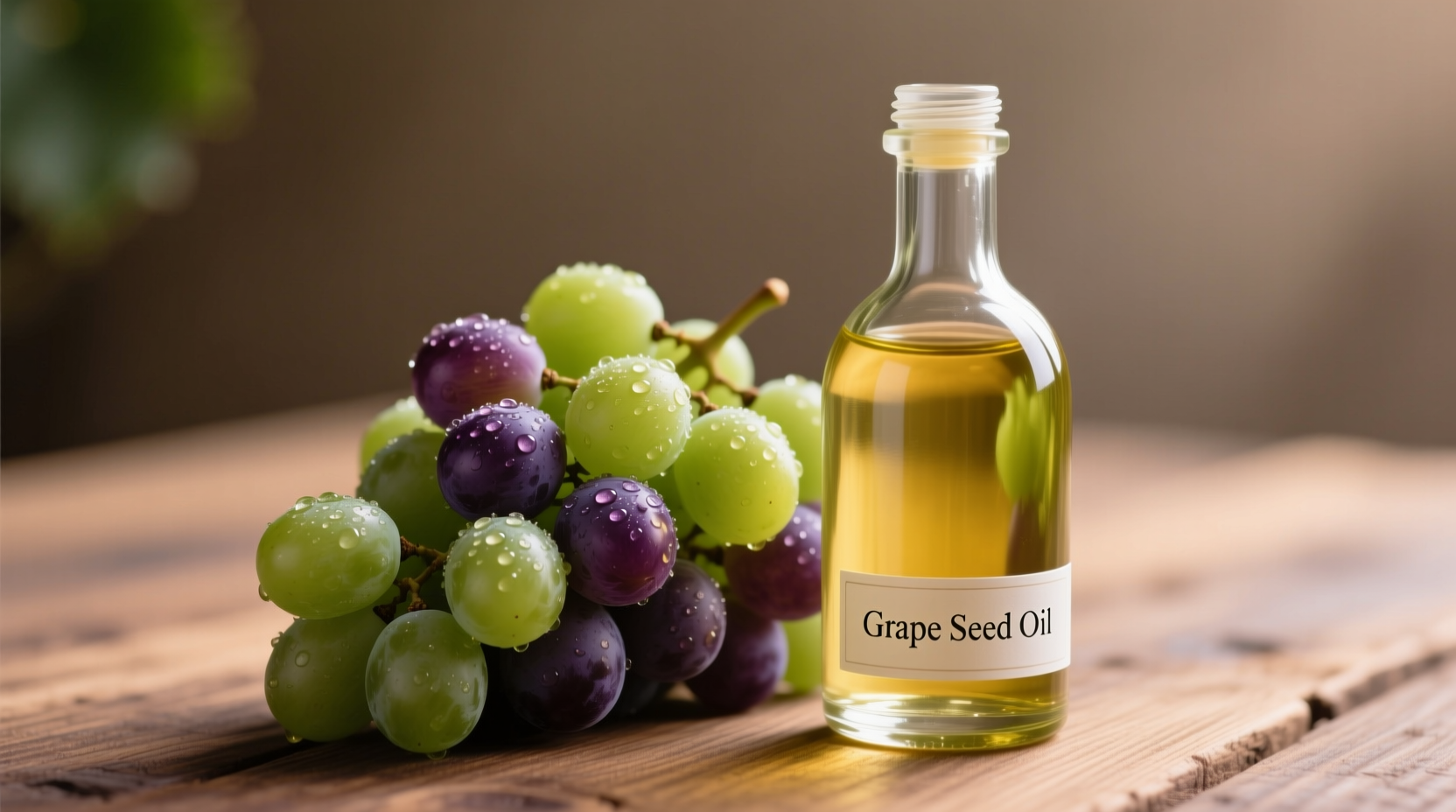 Grape seed oil bottle next to fresh grapes