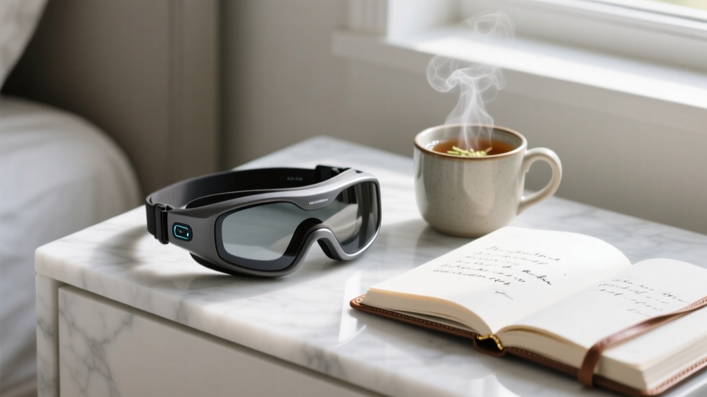 Close-up of smart tension-relief goggles resting on a marble nightstand next to a journal and a cup of herbal tea.