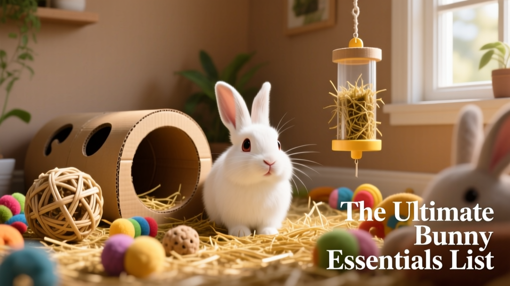 A curious rabbit exploring a colorful assortment of safe toys: a willow ball, a cardboard tunnel, and a hanging treat dispenser filled with hay