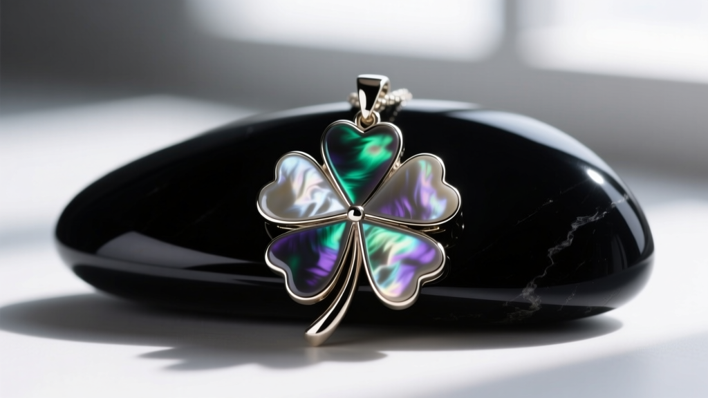 Extreme macro shot comparing the deep matte finish of black onyx and the iridescent sheen of dark mother-of-pearl clover pendant.