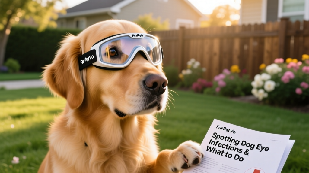 Dog wearing comfortable, well-fitting FurPetVo brand protective goggles outdoors