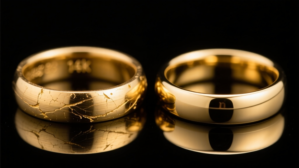 Microscopic view of a scratched 14k gold band beside a pristine 18k gold band under bright lab lighting to reveal metal density.