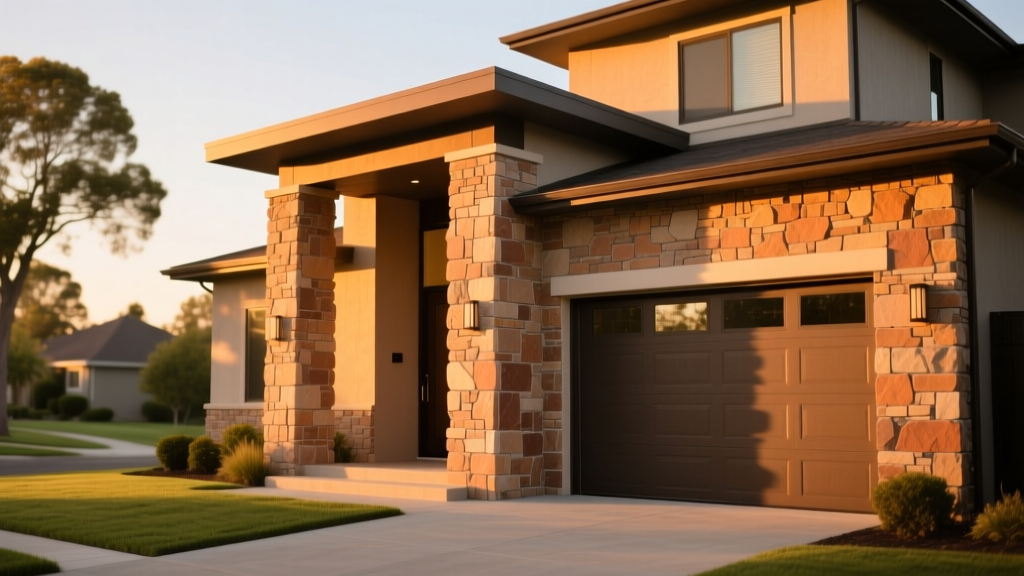 Modern home exterior featuring warm-toned ledgestone veneer installed around the entryway and garage columns at sunset