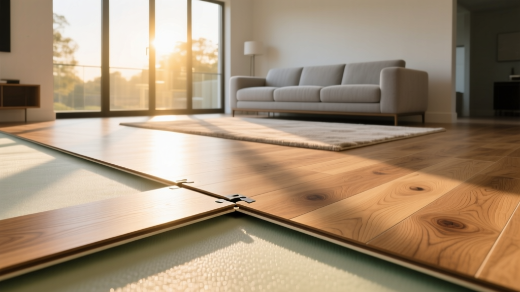 Hands snapping together click-lock luxury vinyl planks with realistic oak wood grain over foam underlayment in a sunlit living room