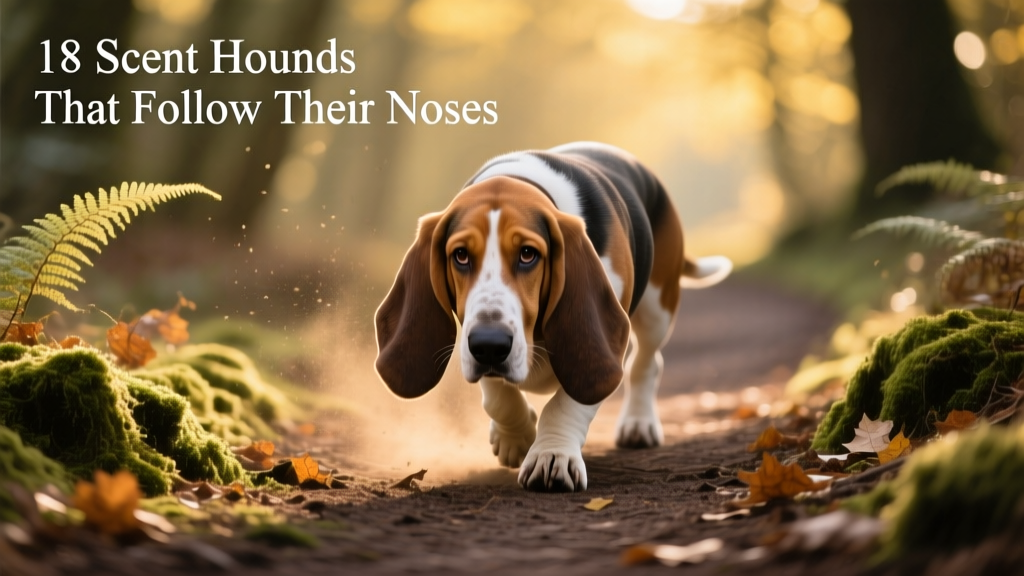 A basset hound with expressive eyes and long ears, lowering its head to follow a scent trail on a forest path