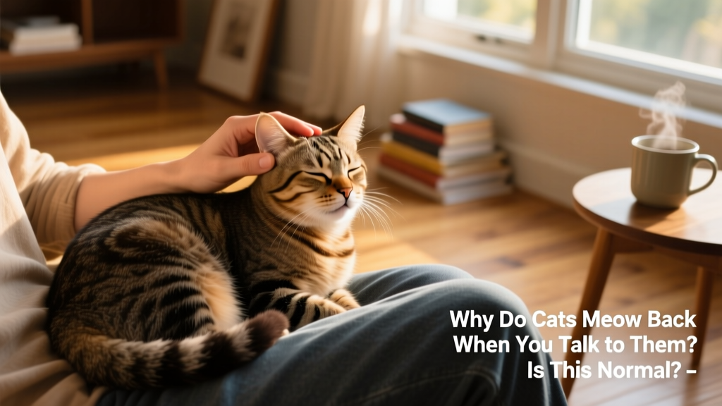 A relaxed cat curled on a lap, eyes half-closed, softly meowing while its human strokes its head