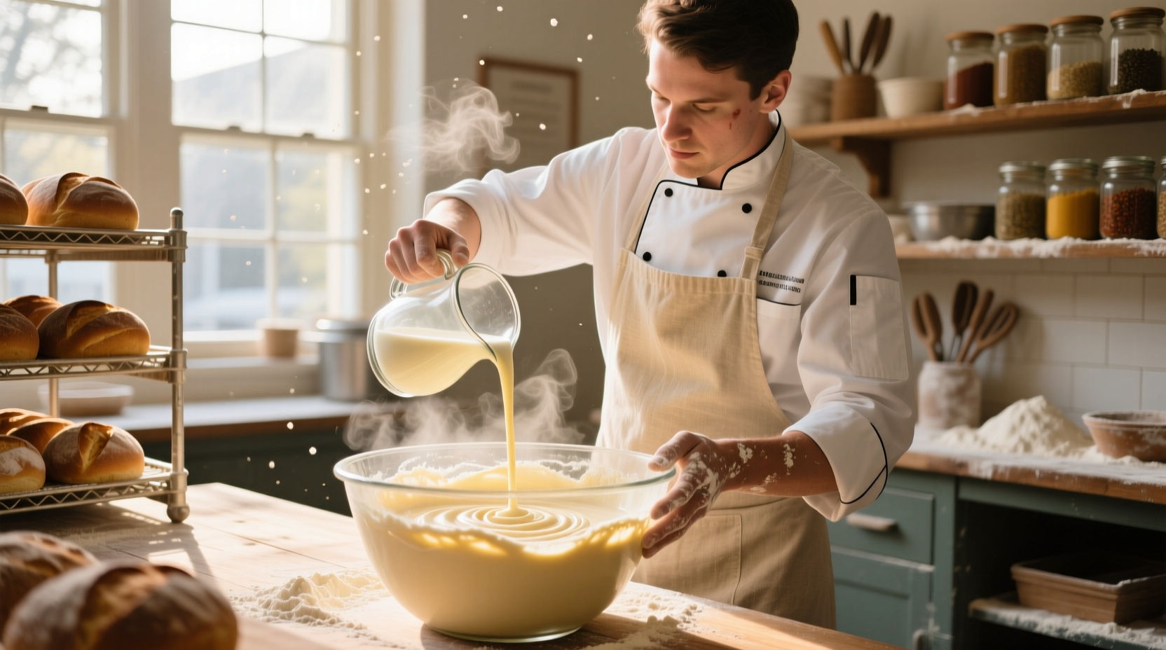 Professional baker pouring buttermilk into cake mix