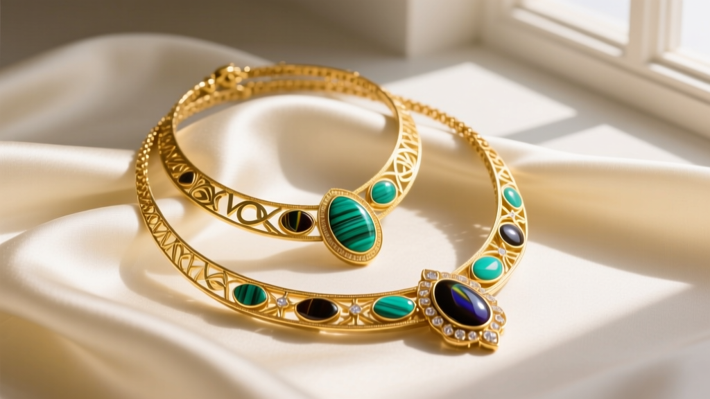 Three layered 18k yellow gold VCA Alhambra necklaces with malachite and onyx motifs resting gracefully on draped cream silk fabric.