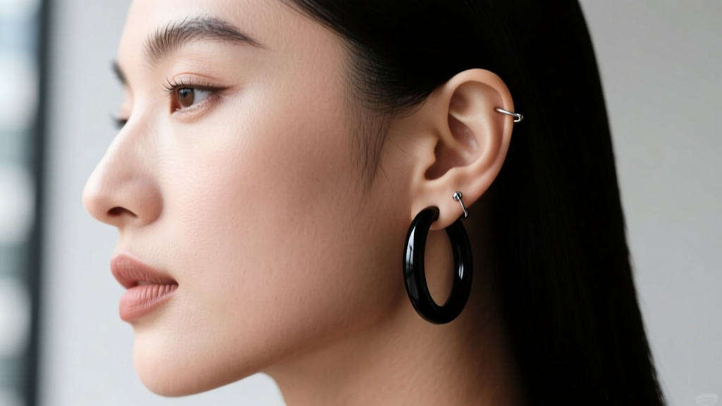 Woman wearing medium continuous black onyx wire hoops in a cartilage piercing, side profile highlighting 18-gauge wire thickness
