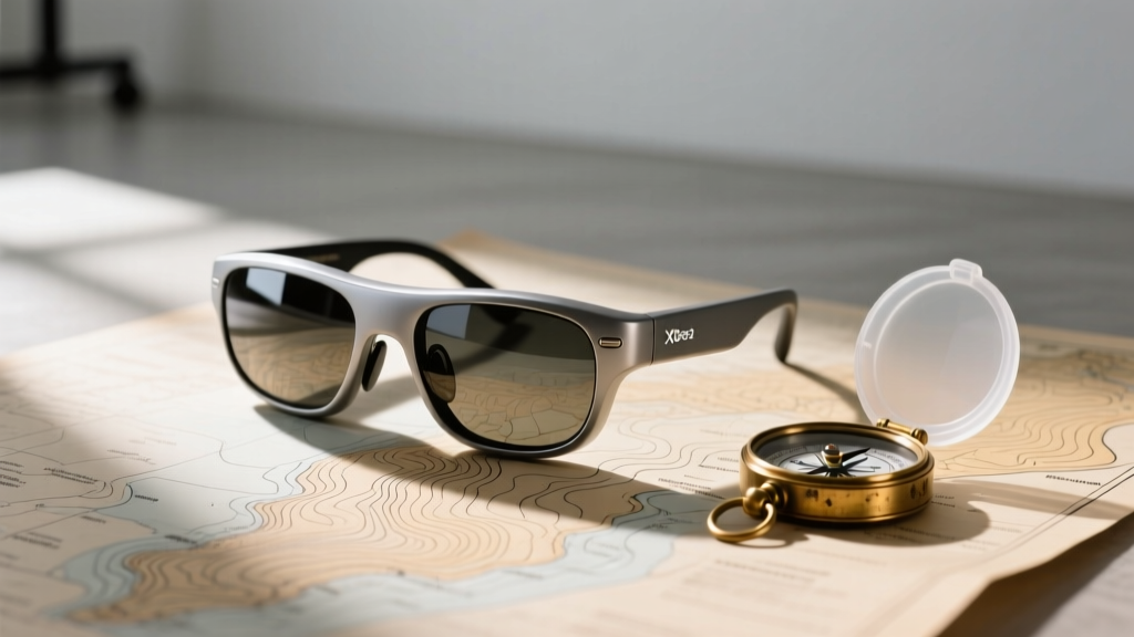 Xreal Air 2 Ultra smart glasses resting on a topographic paper map next to a compass and a silicone protective lens cover