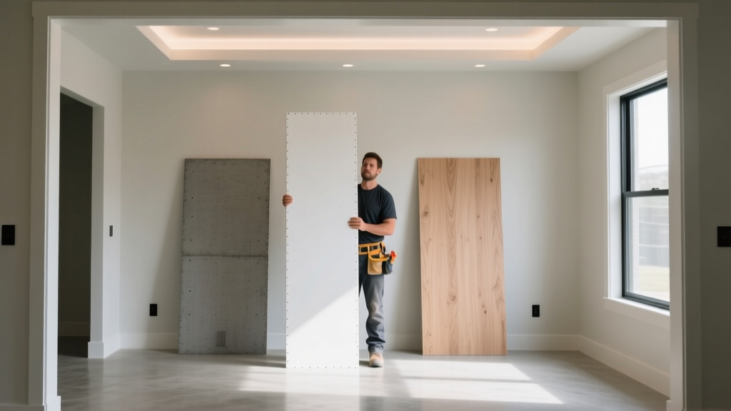 Contractor holding a standard white gypsum board sheet next to a gray cement board and wood plywood panel in a framed residential room