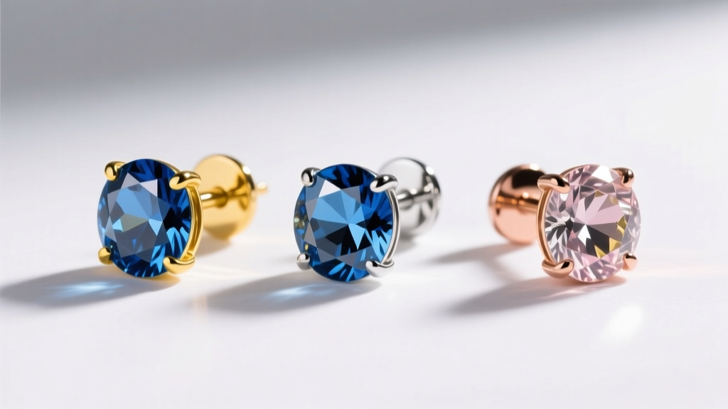 London blue topaz studs in yellow gold, platinum, and rose gold side-by-side, showing color contrast under bright studio lighting.